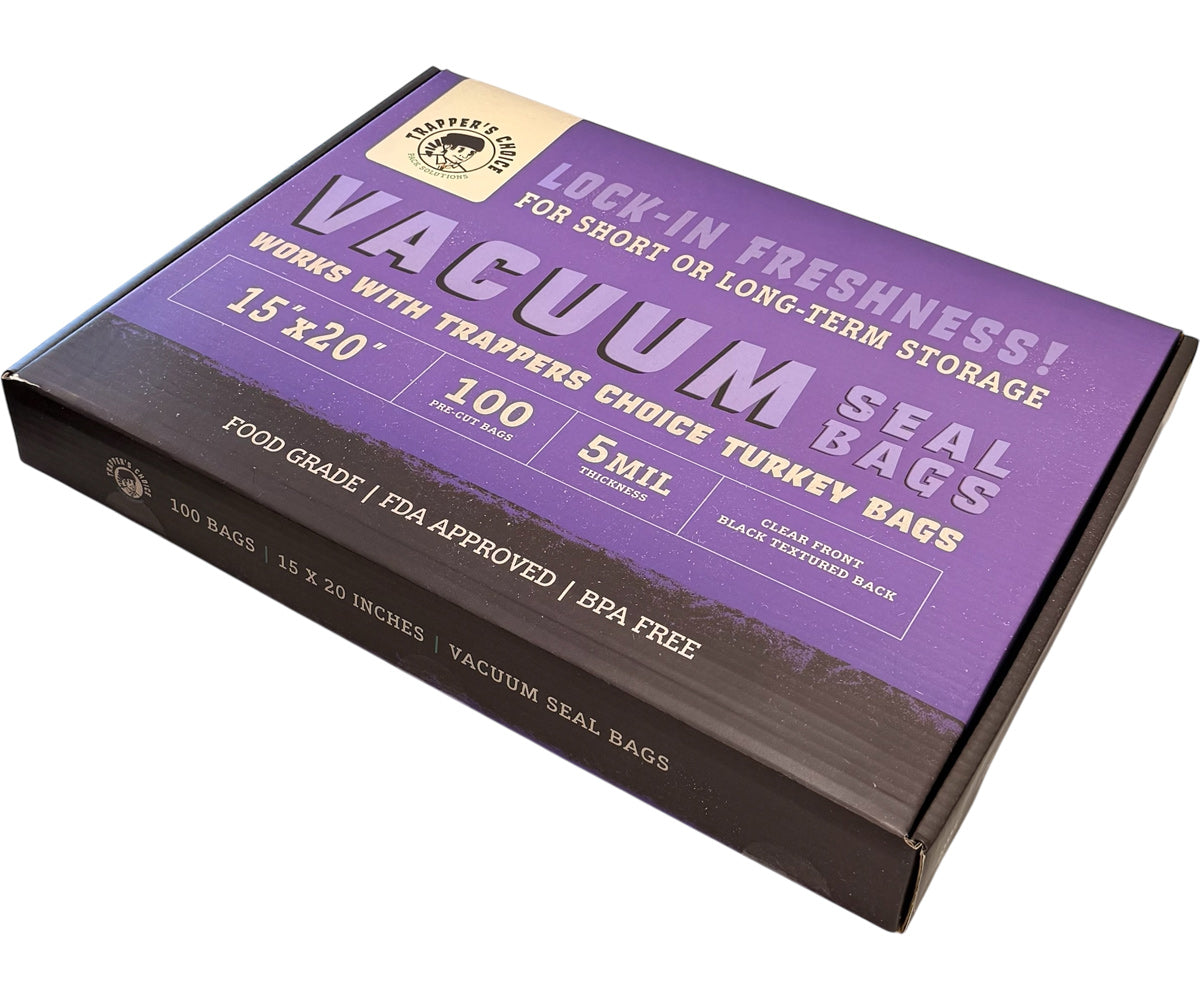Box of vacuum seal bags with purple and brown design on a white background