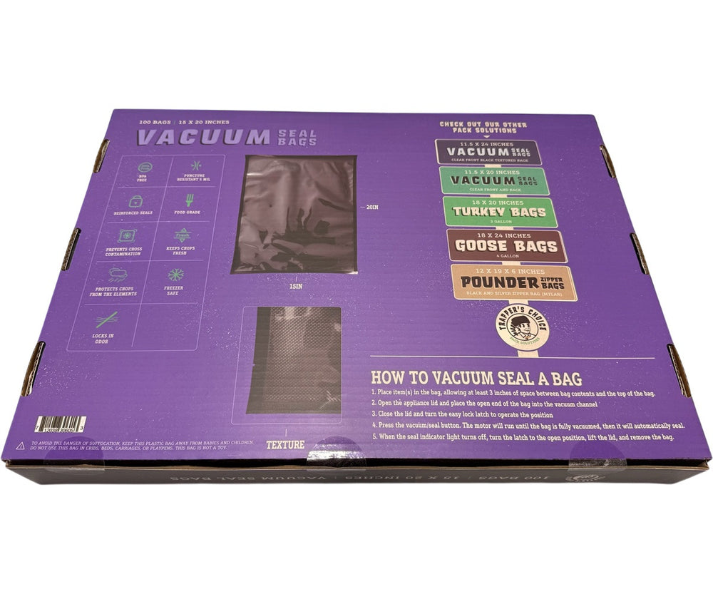 Purple packaging box with vacuum sealing instructions and product images on a white background