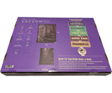 Purple packaging box with vacuum sealing instructions and product images on a white background