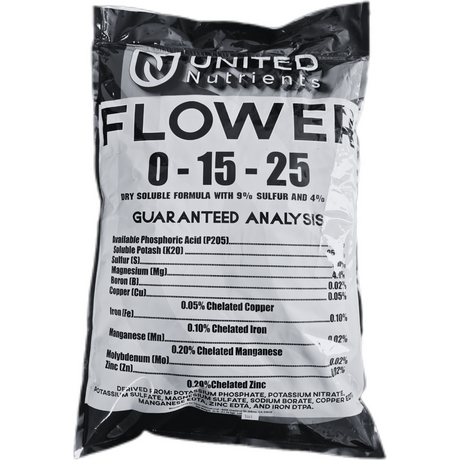 United Nutrients Flower 0-15-25 fertilizer package on a white background