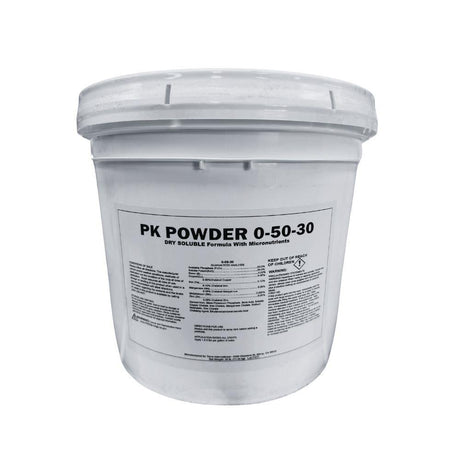 White bucket labeled 'PK Powder 0-50-30' on a white background