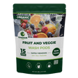 A stand-up pouch of GreenGro Organic Fruit and Veggie Wash Pods, featuring a white and dark green design with a graphic of fresh fruits and vegetables in a water splash.