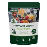 A stand-up pouch of GreenGro Organic Fruit and Veggie Wash Pods, featuring a white and dark green design with a graphic of fresh fruits and vegetables in a water splash.