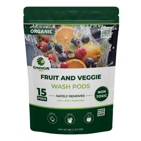 A stand-up pouch of GreenGro Organic Fruit and Veggie Wash Pods, featuring a white and dark green design with a graphic of fresh fruits and vegetables in a water splash.