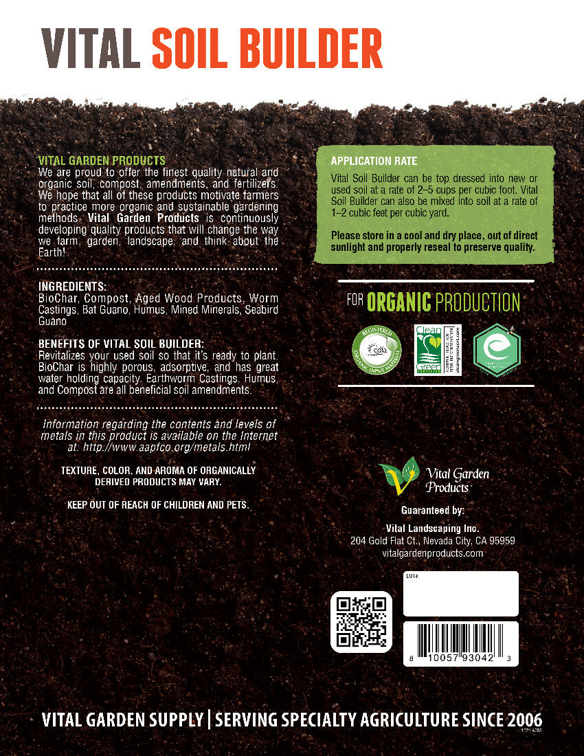 Back of a Vital Soil Builder package with text and branding details.