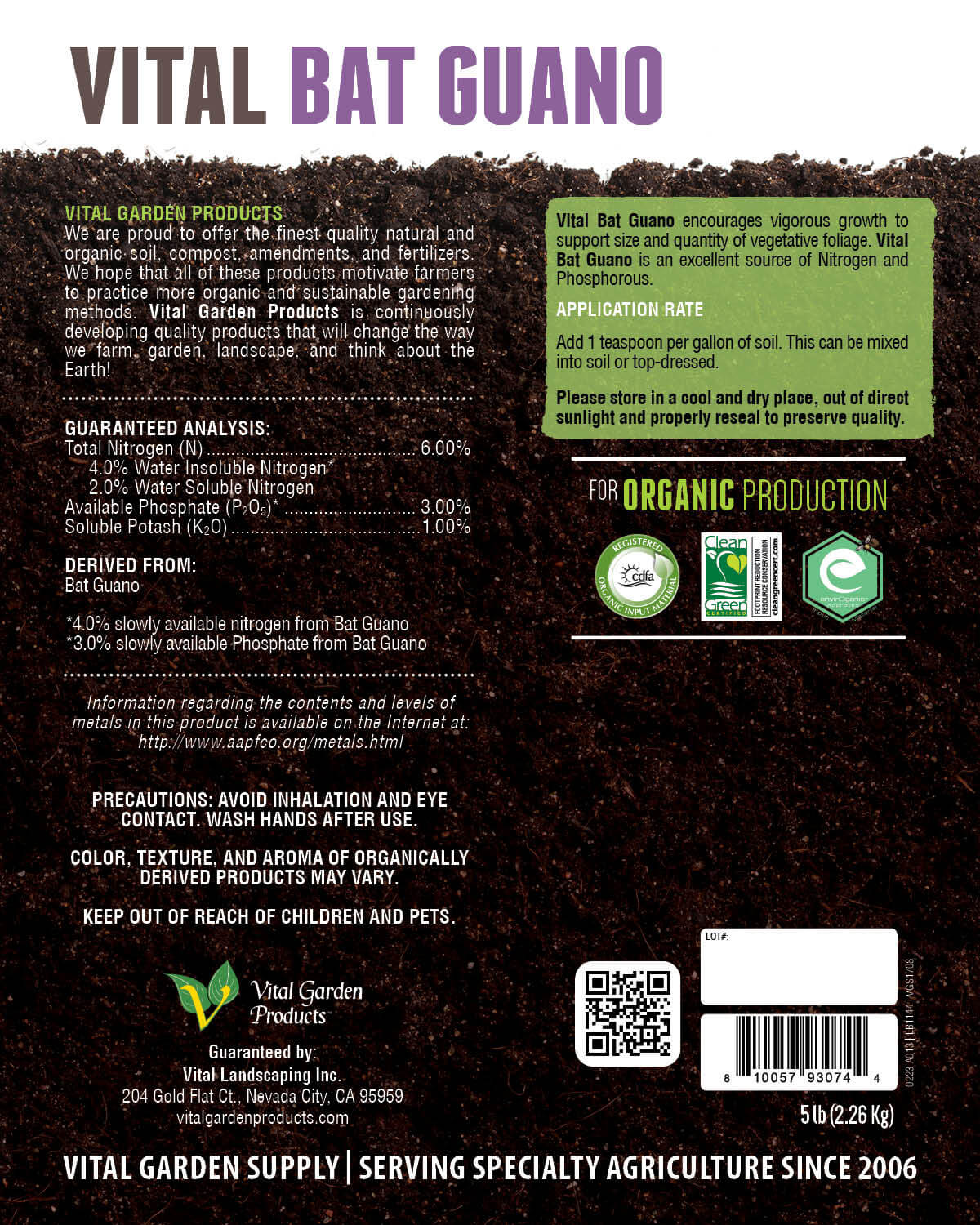 Vital Bat Guano product label with text and branding on a dark brown background