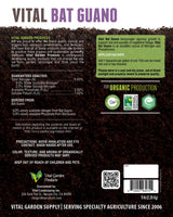Vital Bat Guano product label with text and branding on a dark brown background