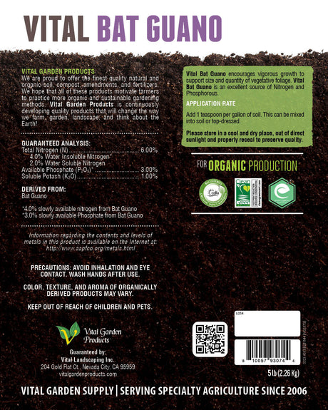 Vital Bat Guano product label with text and branding on a dark brown background