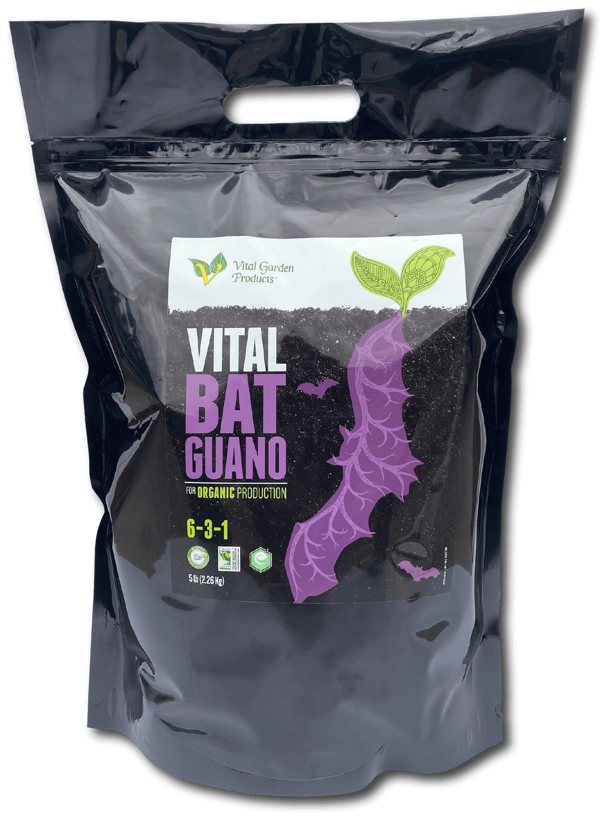 Bag of Vital Bat Guano with a visible brand label on a black background