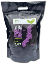 Bag of Vital Bat Guano with a visible brand label on a black background