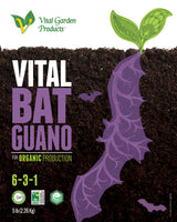 Vital Garden Products Vital Bat Guano packaging with a bat illustration and soil texture.