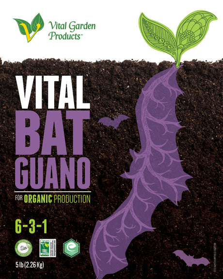 Vital Garden Products Vital Bat Guano packaging with a bat illustration and soil texture.