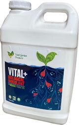 White container of Vital+ Biological Inoculant with a label featuring green leaves and blue water design.