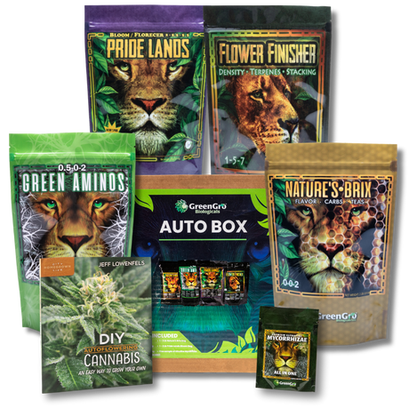 A product bundle of GreenGro Auto Box cannabis growing and dispensary accessories, including Green Aminos, Pride Lands, Flower Finisher, Nature's Brix, a DIY cannabis guide, and a Mycology Bookie, arranged together on a white background.