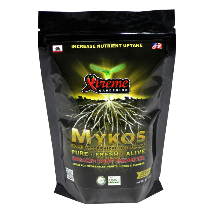 Black bag of Xtreme Gardening Mykos with root imagery and branding on a white background
