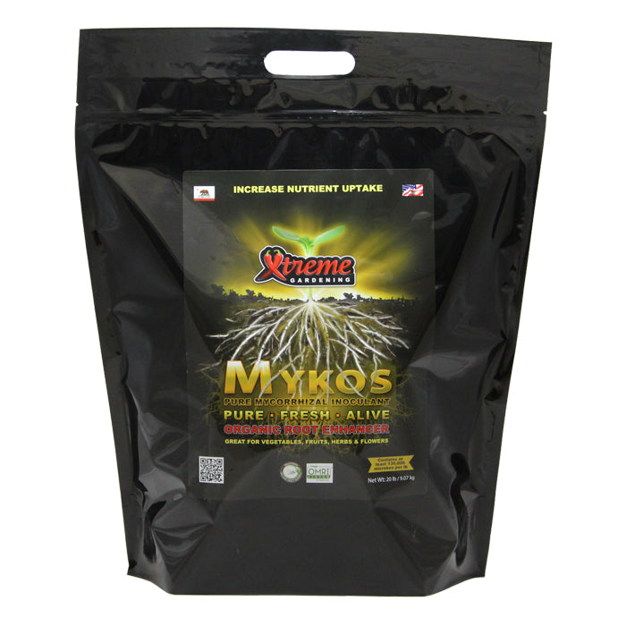 Black bag with Xtreme Gardening Mykos product packaging on a white background