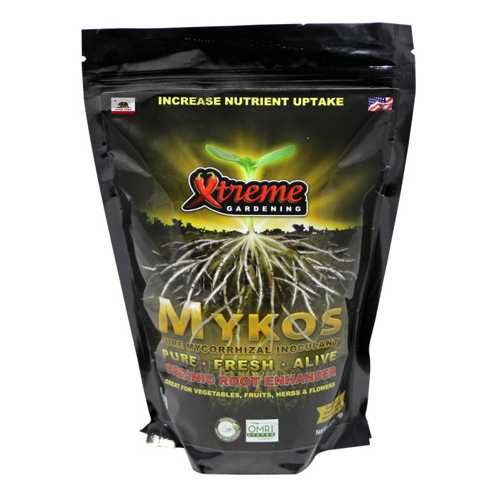 Black packaging of Xtreme Gardening Mykos with root graphic and branding on a white background
