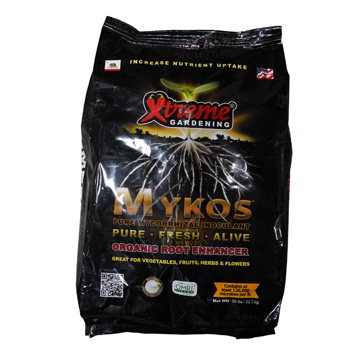 Bag of Xtreme Gardening Mykos organic root enhancer on a white background
