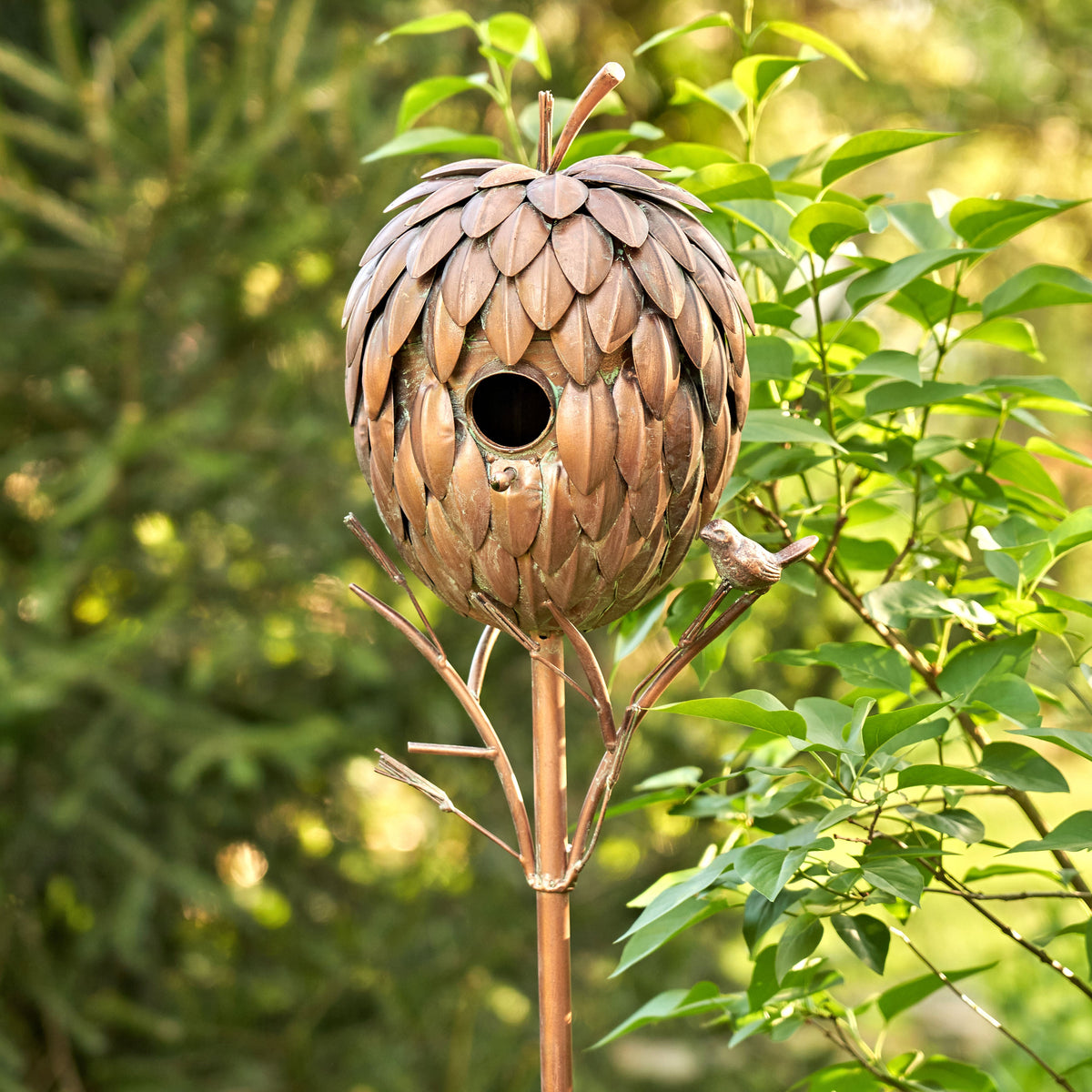 Napa Valley Wildflower Co. 67" Pinecone Birdhouse Garden Stake – Distressed Copper Finish