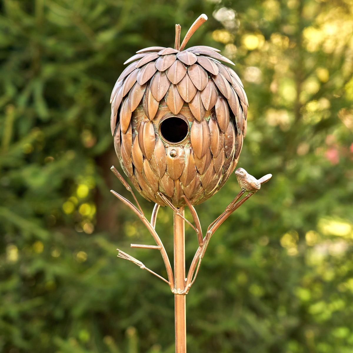 Napa Valley Wildflower Co. 67" Pinecone Birdhouse Garden Stake – Distressed Copper Finish