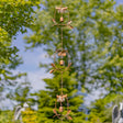 A hanging metal owl wind spinner with three stacked owl figures and small bells, photographed outdoors against a blurred background of green trees and blue sky.