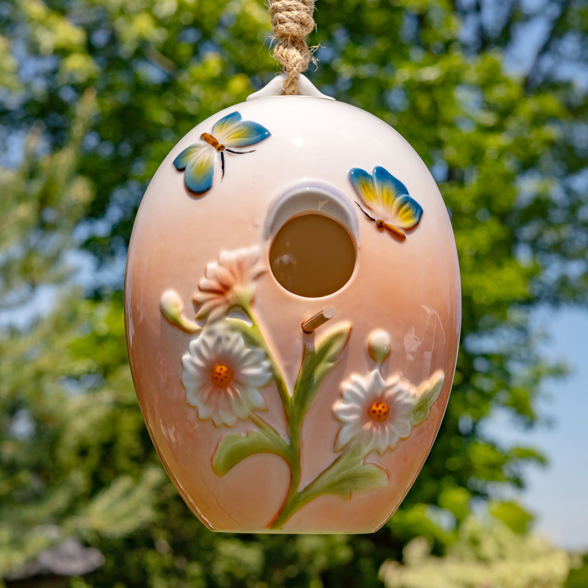 Napa Valley Wildflower Co Flora 19" Hanging Porcelain Butterfly & Floral Birdhouse