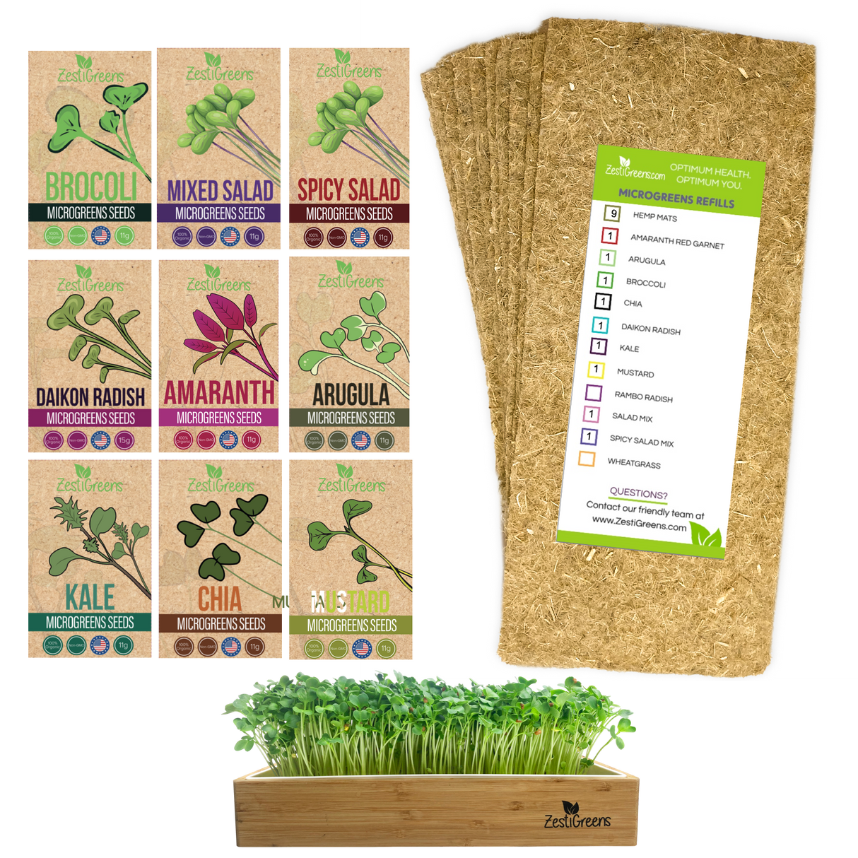 ZestiGreens Microgreens Kit Refill Pack A – 9 Hemp Mats & 9 Non-GMO Seed Varieties