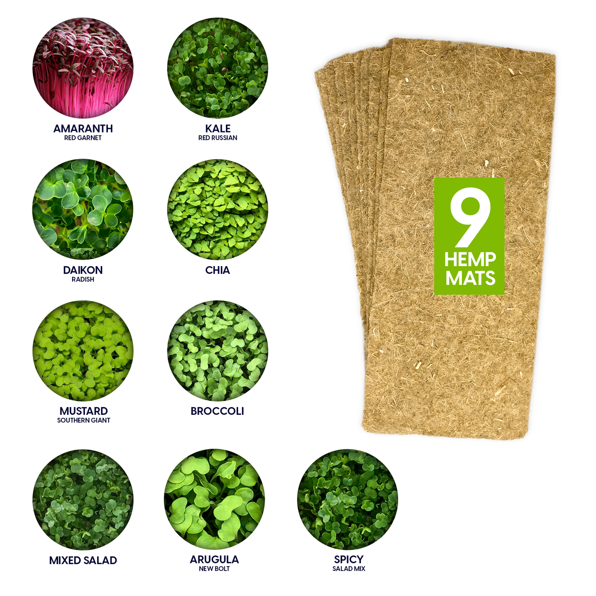 ZestiGreens Microgreens Kit Refill Pack A – 9 Hemp Mats & 9 Non-GMO Seed Varieties