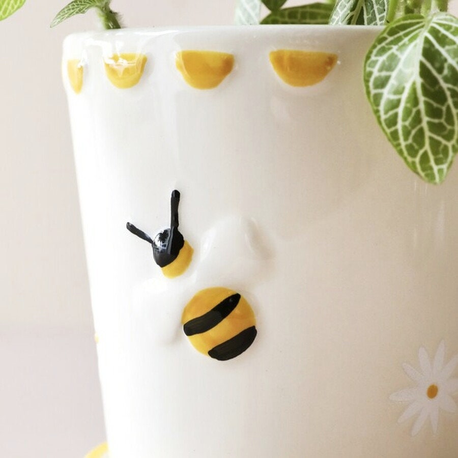 Honey Bee Ceramic Planter Pot with Matching Drainage Tray