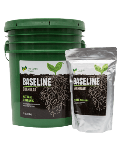 Green bucket and white bag labeled 'Baseline Granular' on a black background