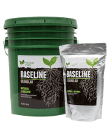Green bucket and white bag labeled 'Baseline Granular' on a black background
