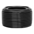 Coiled black rubber hose on a white background