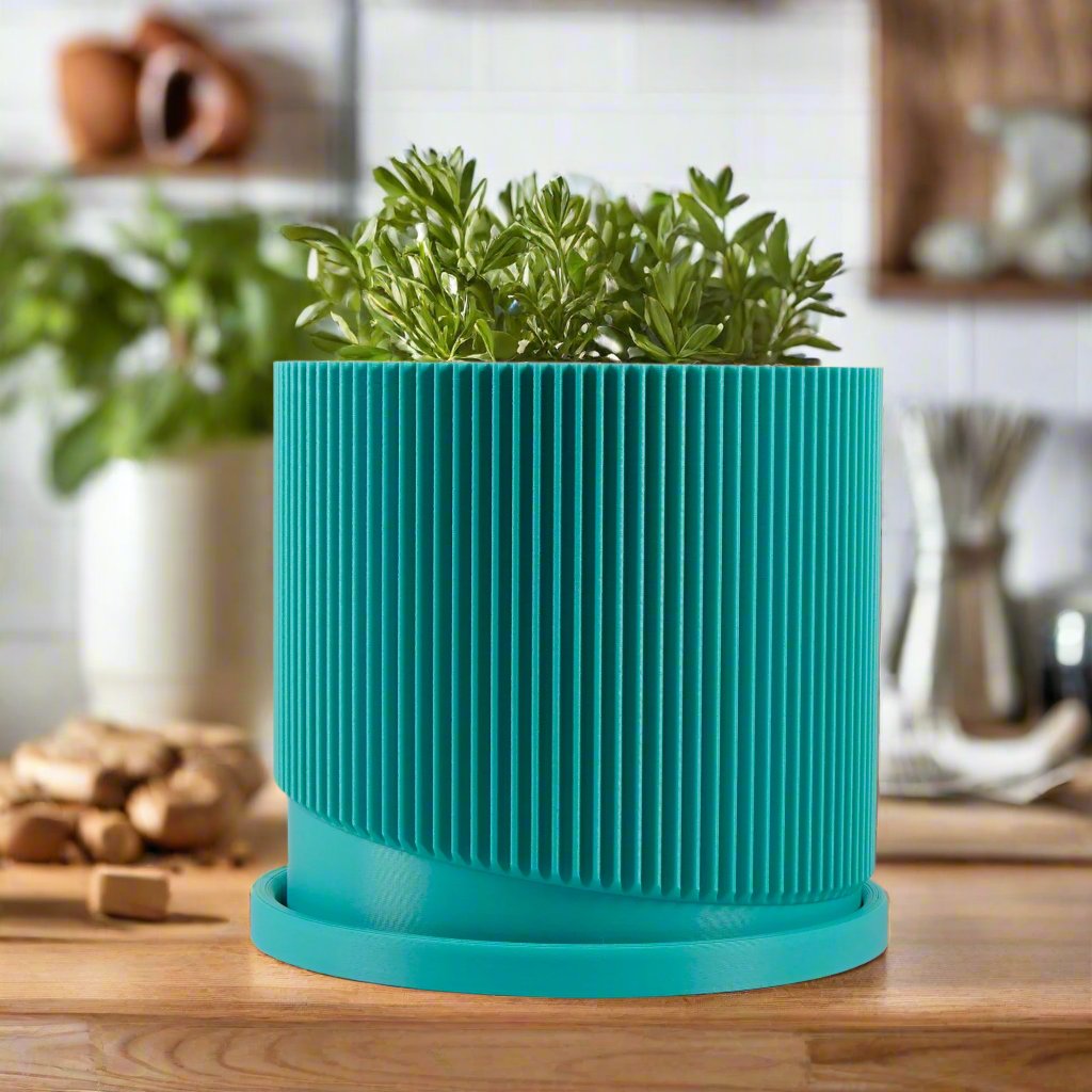 Mid-Century Ribbed 3D Printed Planter with Drainage & Saucer