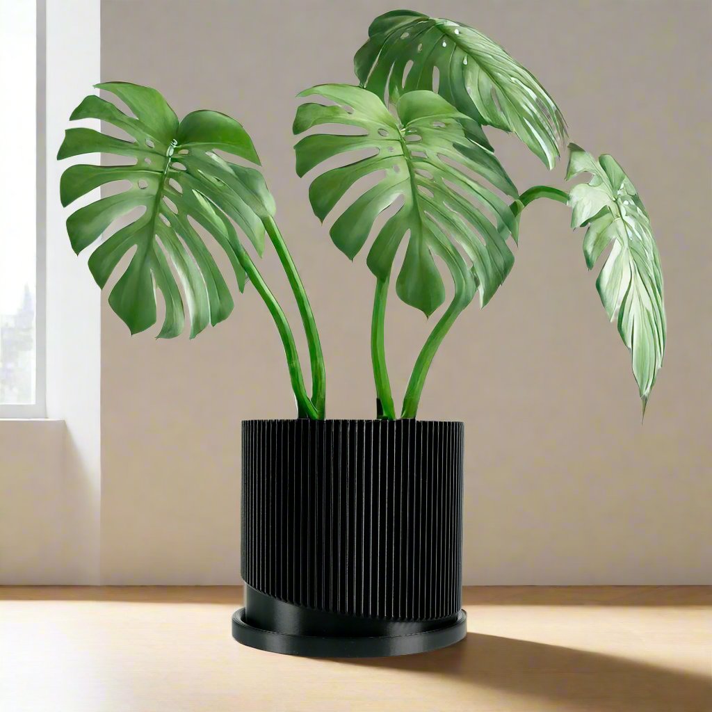 Mid-Century Ribbed 3D Printed Planter with Drainage & Saucer