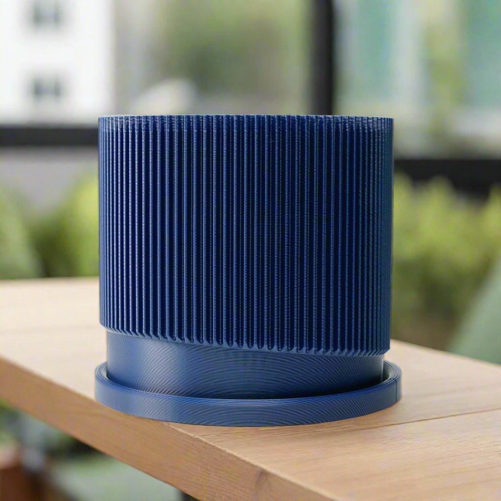 Mid-Century Ribbed 3D Printed Planter with Drainage & Saucer