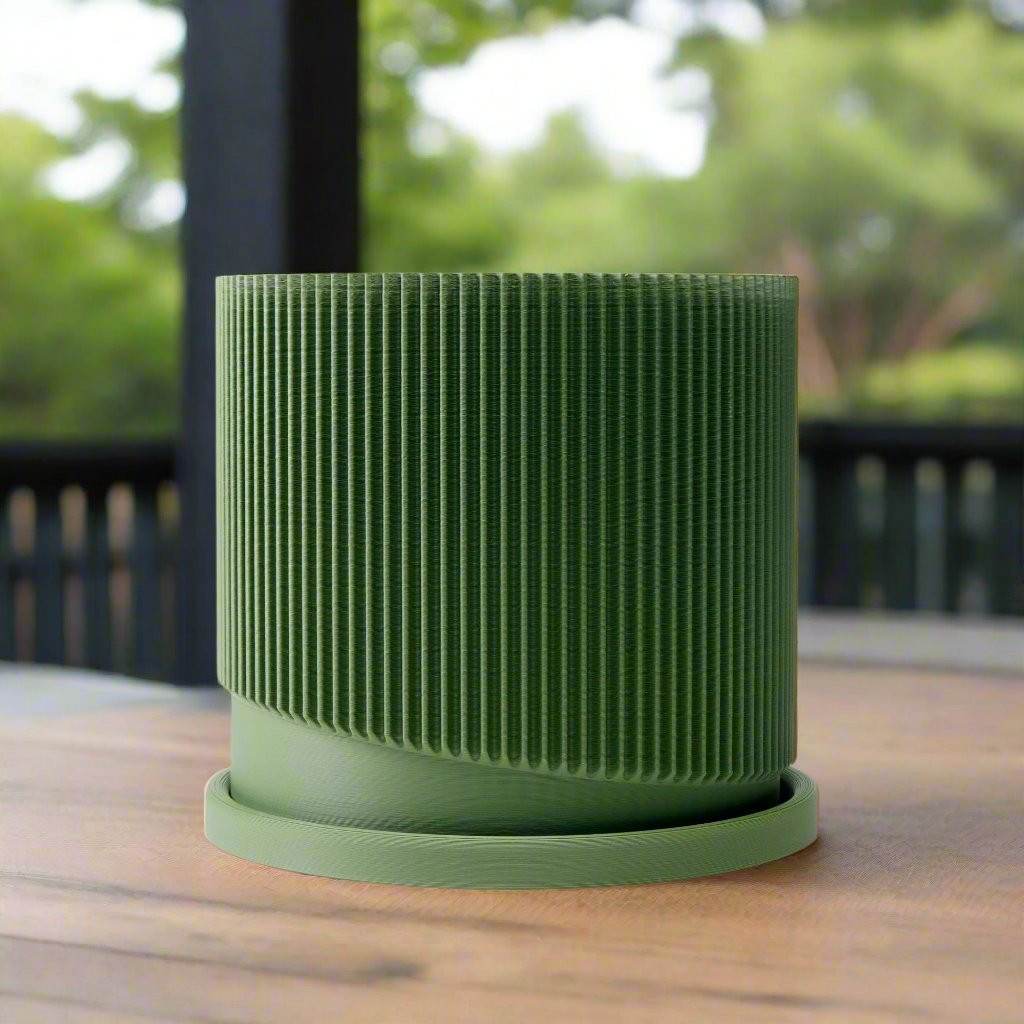 Mid-Century Ribbed 3D Printed Planter with Drainage & Saucer