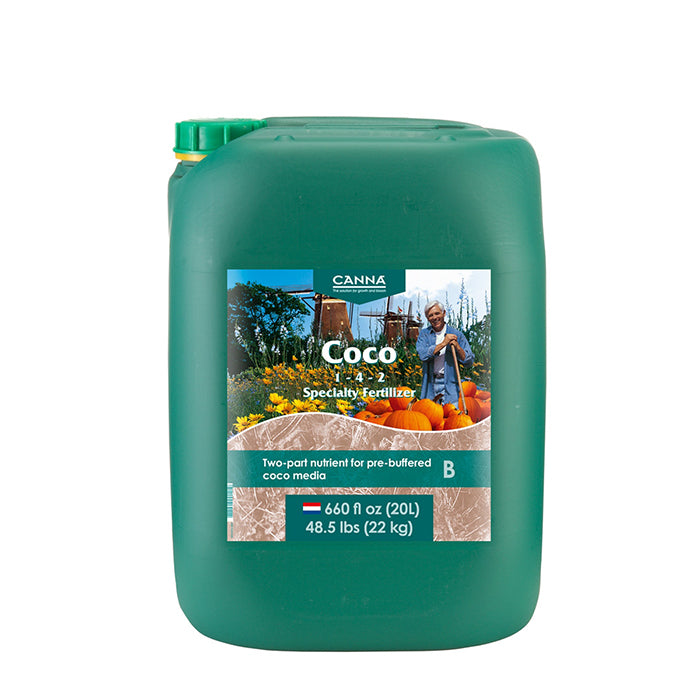 Green container of Canna Coco fertilizer on a white background