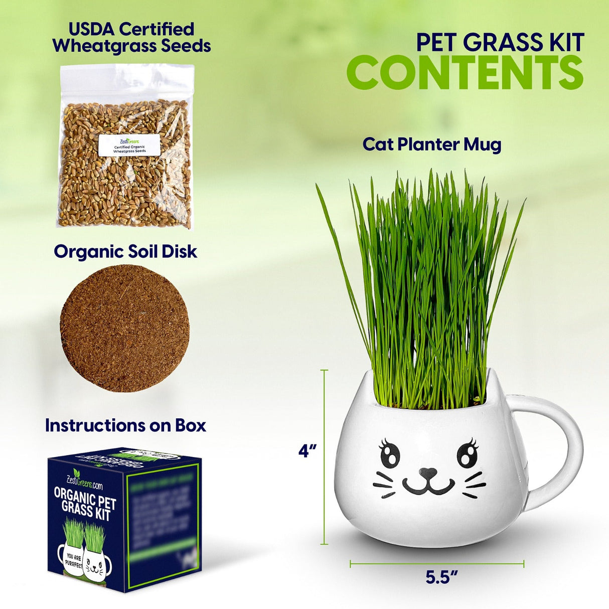 ZestiGreens Cat Grass Mug Growing Kit – Ceramic Planter with Organic Wheatgrass Seeds