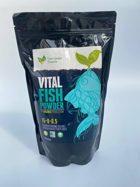 Vital Fish Powder package with black packaging and blue and green label on a white background
