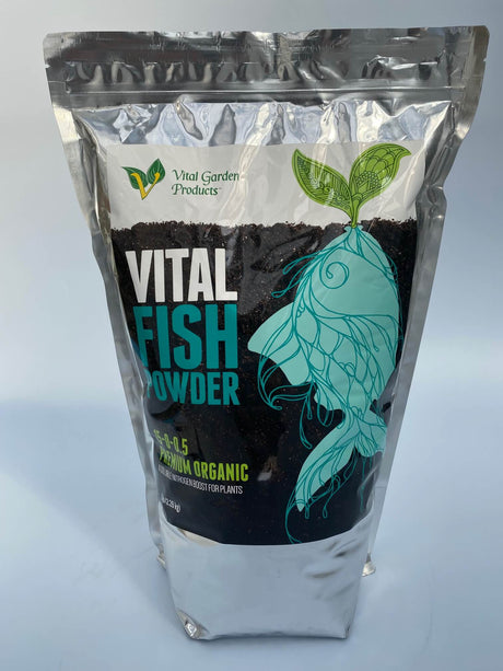 Bag of Vital Fish Powder with branding on a light gray background
