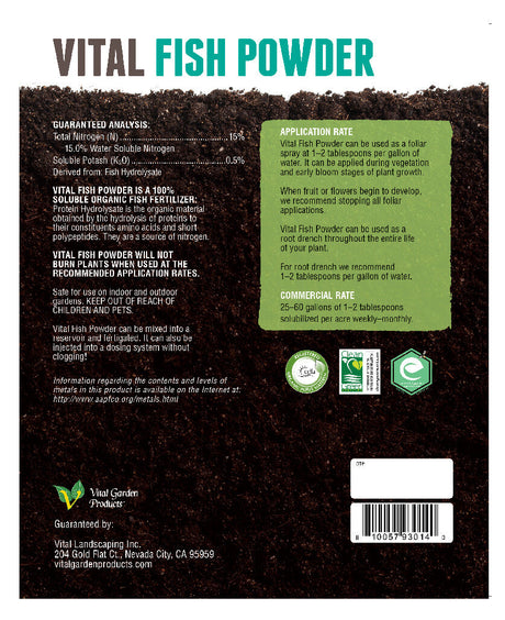 Vital Fish Powder packaging with text and labels on a dark background