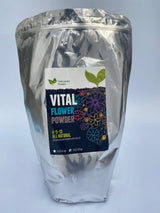 Silver packaging of Vital Flower Powder with a label on a light gray background