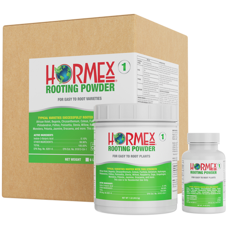 Hormex Rooting Powder packaging including a box and two bottles on a white background