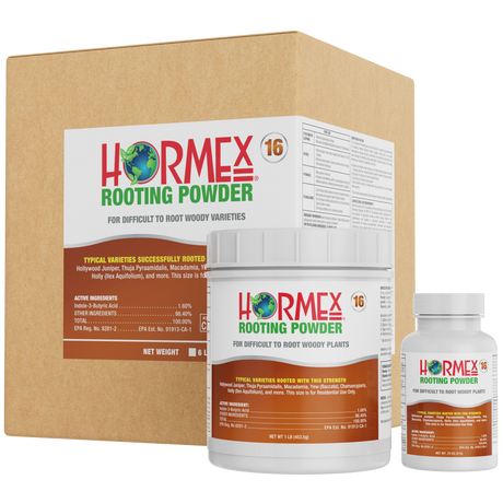 Hormex Rooting Powder packaging including a large box and two smaller bottles on a white background.