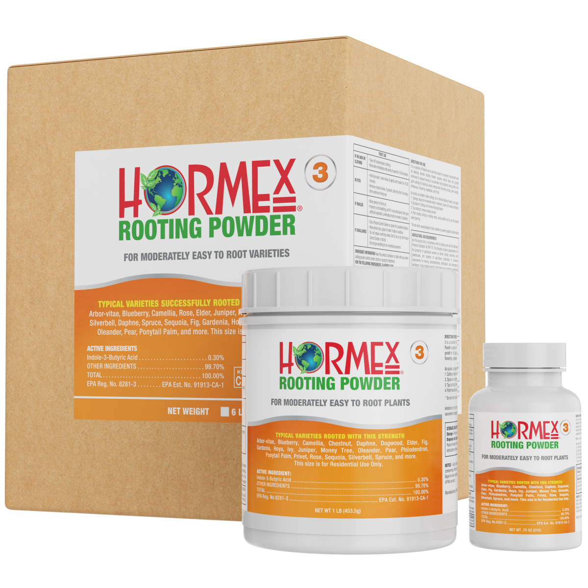 Hormex Rooting Powder packaging including a box and two bottles on a white background