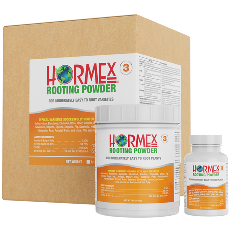 Hormex Rooting Powder packaging including a box and two bottles on a white background