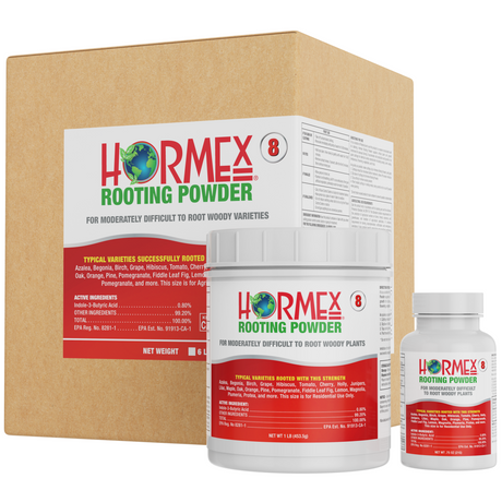 Hormex Rooting Powder packaging including a box and two bottles on a white background