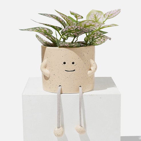 Ceramic plant pot shaped like a smiling face with a plant inside on a white background