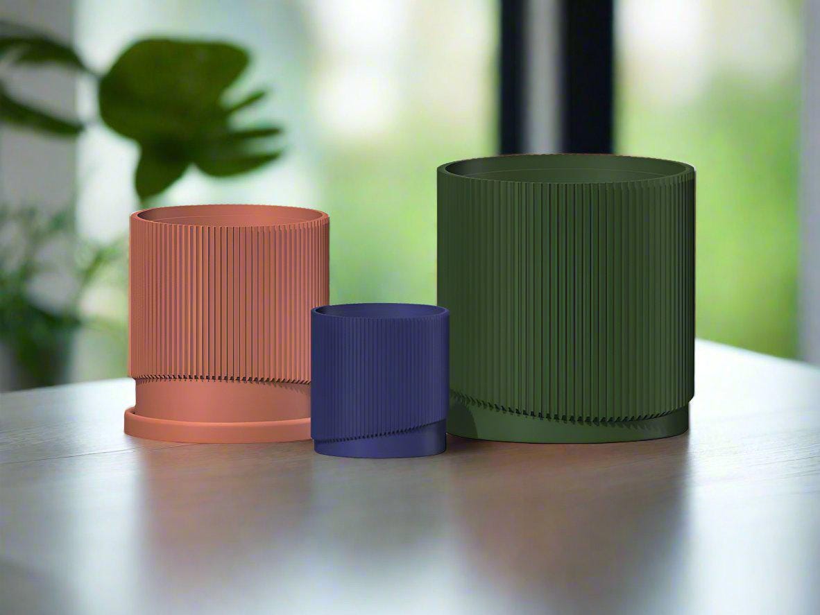 Mid-Century Ribbed 3D Printed Planter with Drainage & Saucer