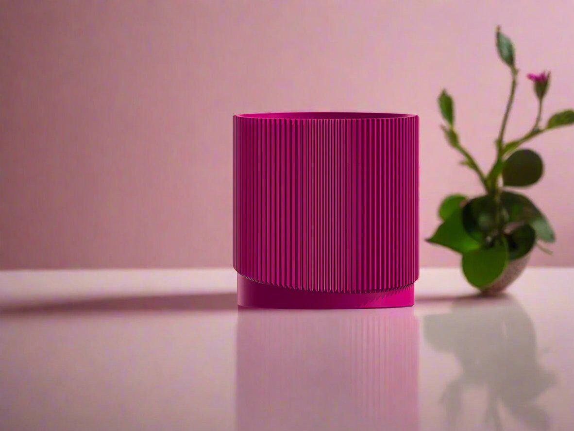 Mid-Century Ribbed 3D Printed Planter with Drainage & Saucer